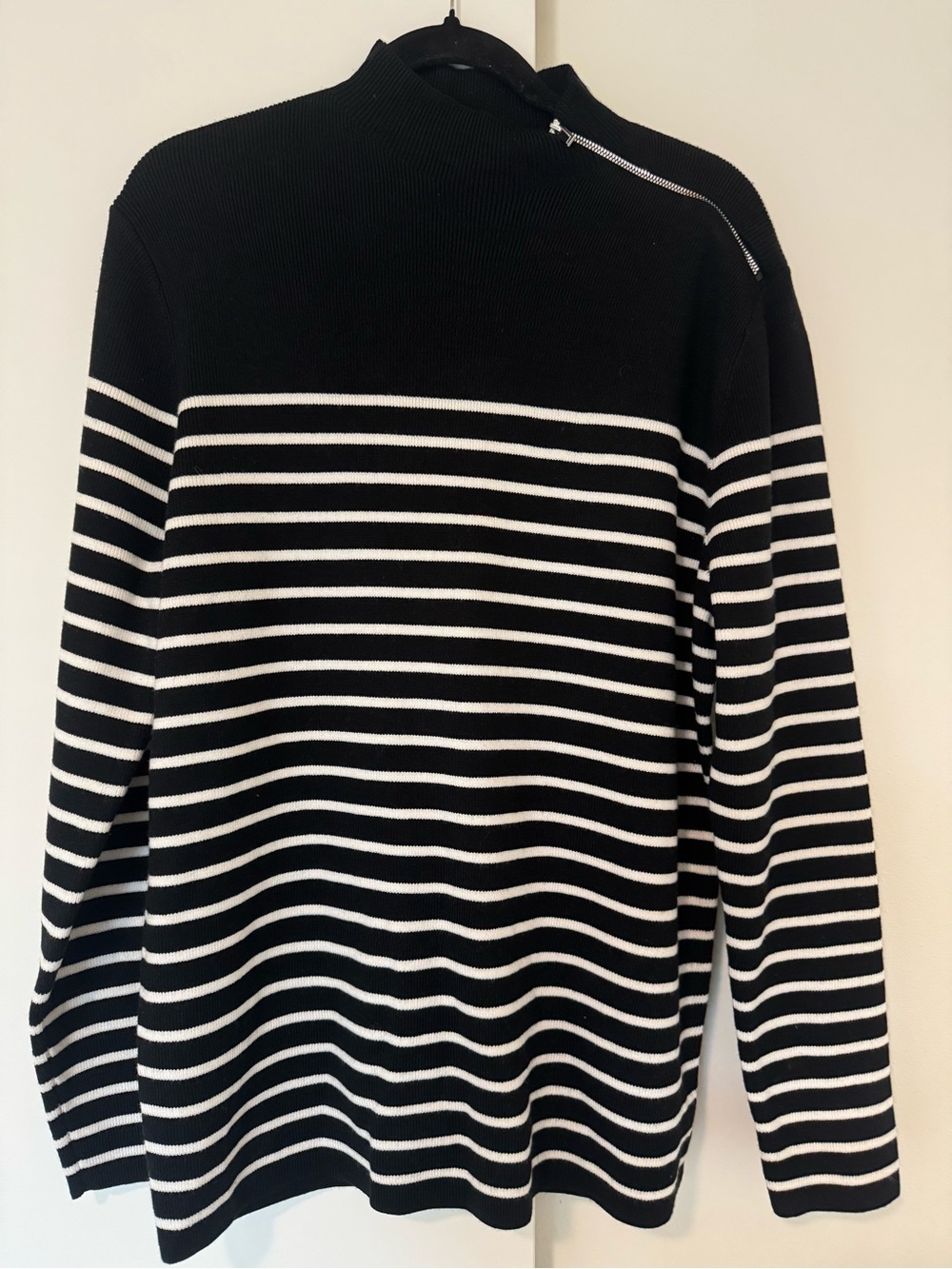 Karl Lagerfeld Black & White Striped Turtleneck Sweater with Zip Accent